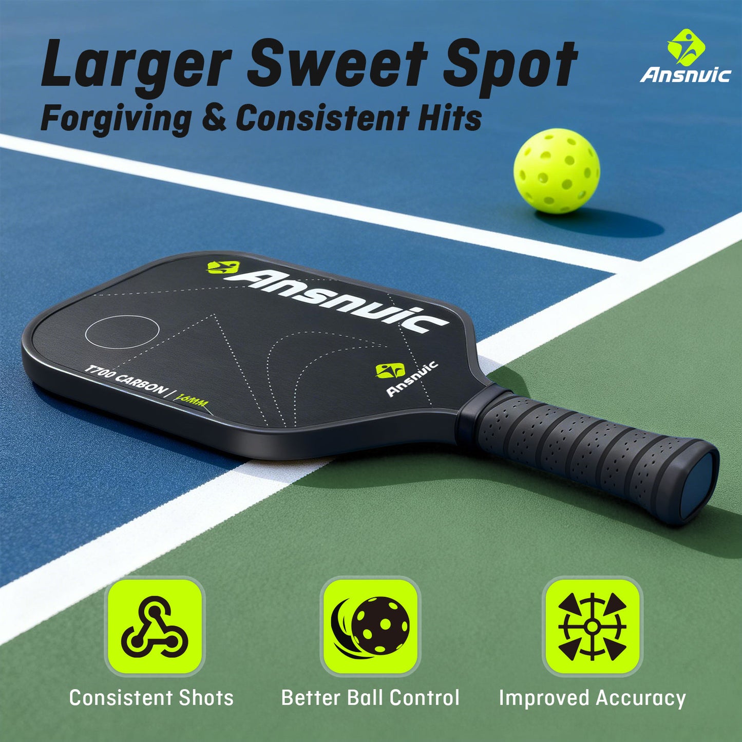 Ansnvic Pickleball Paddle T700 Carbon Fiber Surface & 16mm PowerCore Easy Spin, Great Control & Comfortable Power Lightweight Paddle for All Skill Levels
