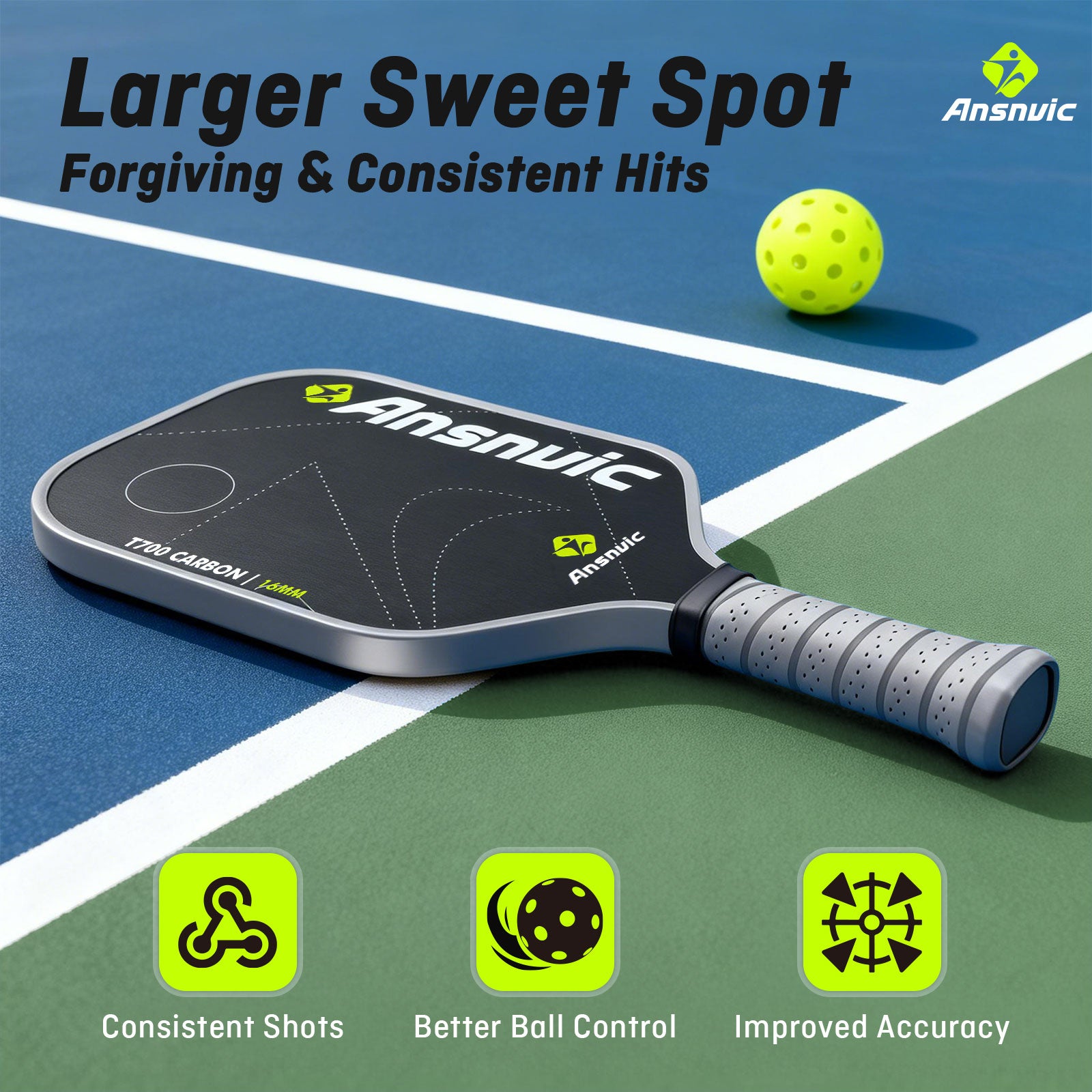 Ansnvic Pickleball Paddle T700 Carbon Fiber Surface & 16mm PowerCore Easy Spin, Great Control & Comfortable Power Lightweight Paddle for All Skill Levels