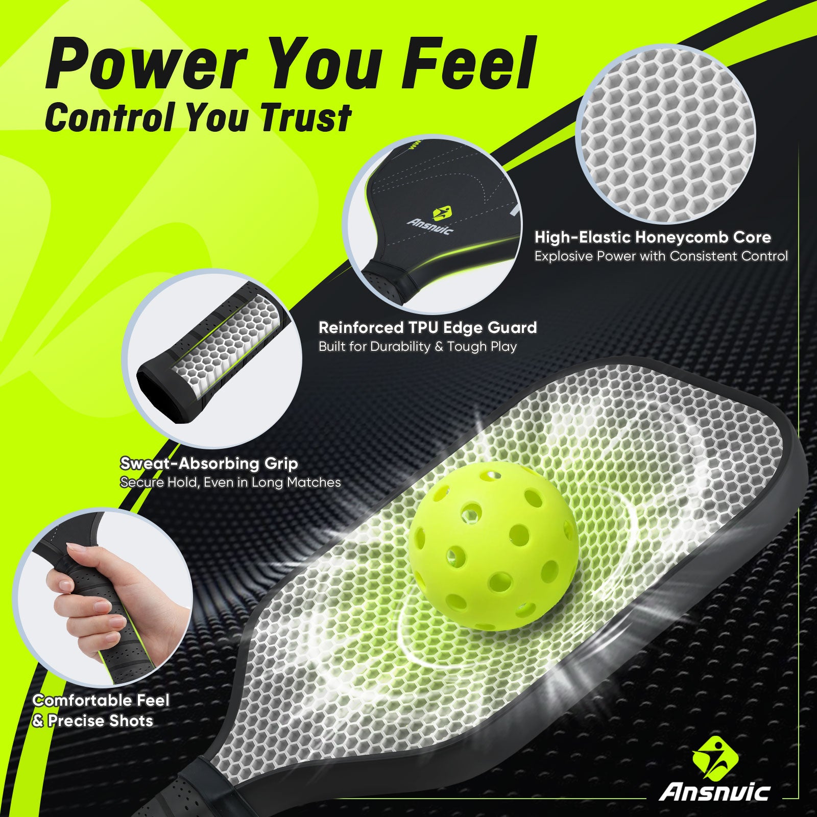 Ansnvic Pickleball Paddle T700 Carbon Fiber Surface & 16mm PowerCore Easy Spin, Great Control & Comfortable Power Lightweight Paddle for All Skill Levels