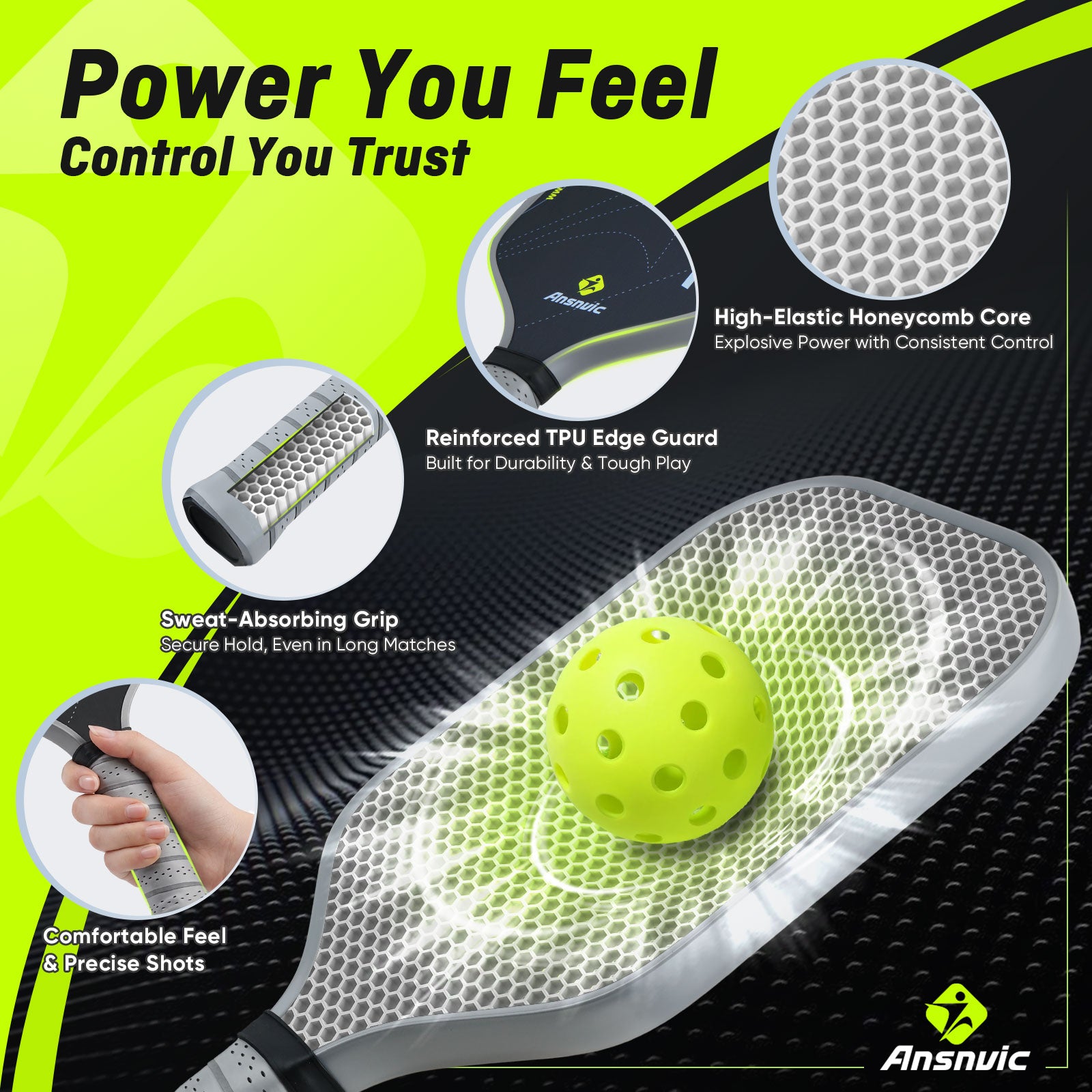 Ansnvic Pickleball Paddle T700 Carbon Fiber Surface & 16mm PowerCore Easy Spin, Great Control & Comfortable Power Lightweight Paddle for All Skill Levels