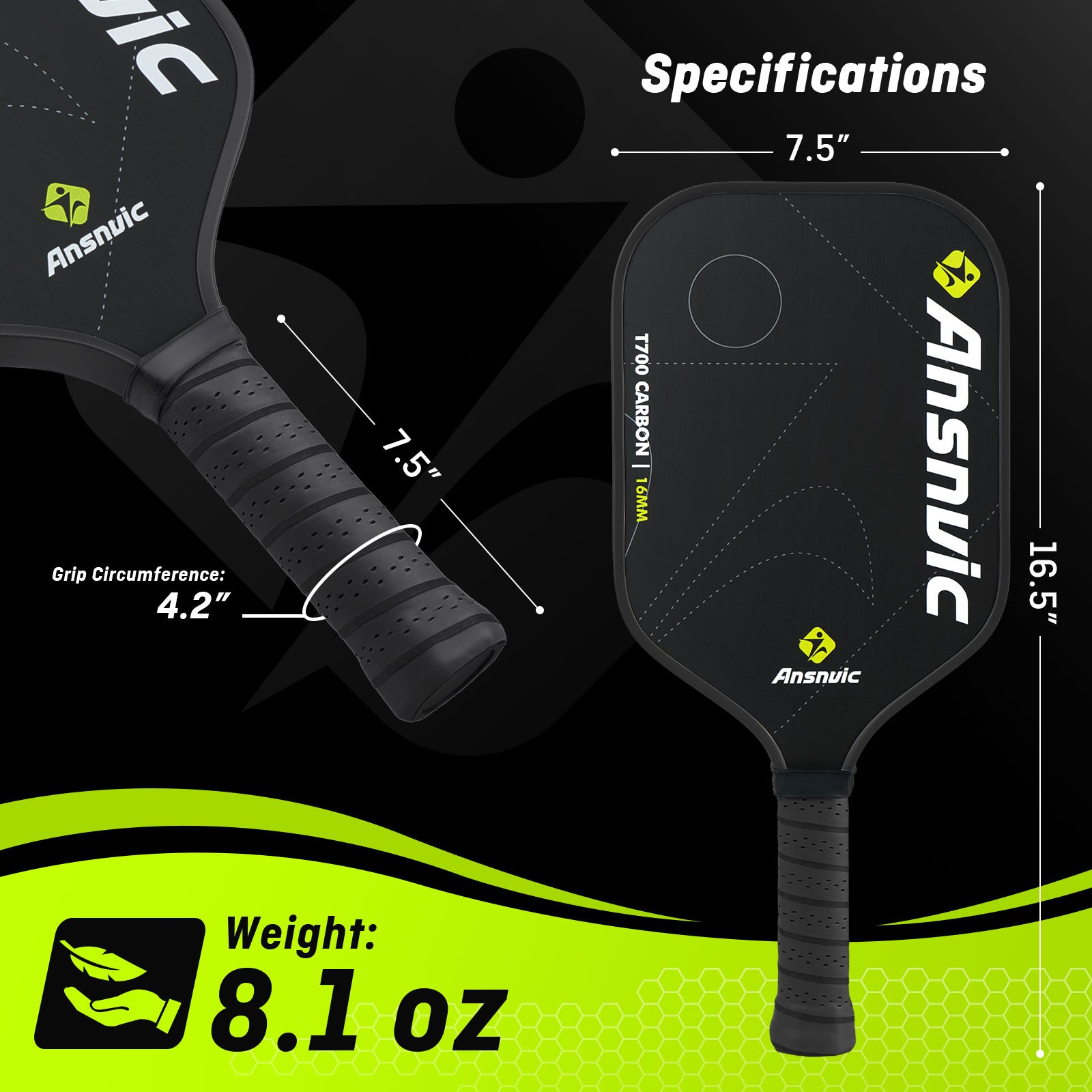 Ansnvic Pickleball Paddle T700 Carbon Fiber Surface & 16mm PowerCore Easy Spin, Great Control & Comfortable Power Lightweight Paddle for All Skill Levels
