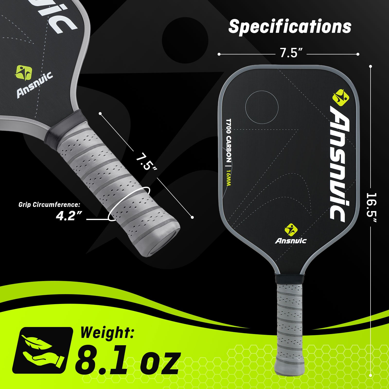 Ansnvic Pickleball Paddle T700 Carbon Fiber Surface & 16mm PowerCore Easy Spin, Great Control & Comfortable Power Lightweight Paddle for All Skill Levels